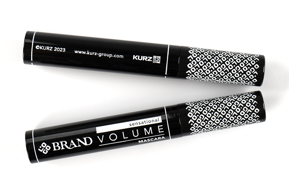 Mascara with black and white tube design, applied via hot-stamping